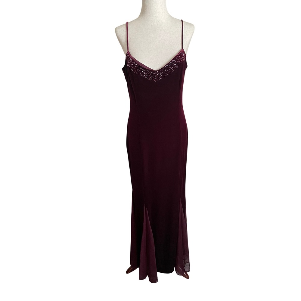 Y2K Burgundy Velvet Beaded Mesh Maxi Gown Dress 8 Whimsigoth Fairy HOCO Event
